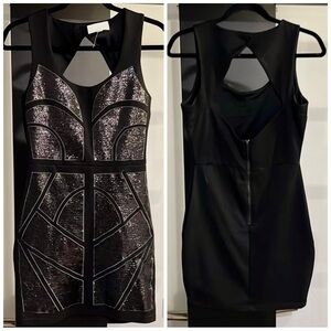 En Crème Black Sequin Open Back Fitted Party Dress Mediun